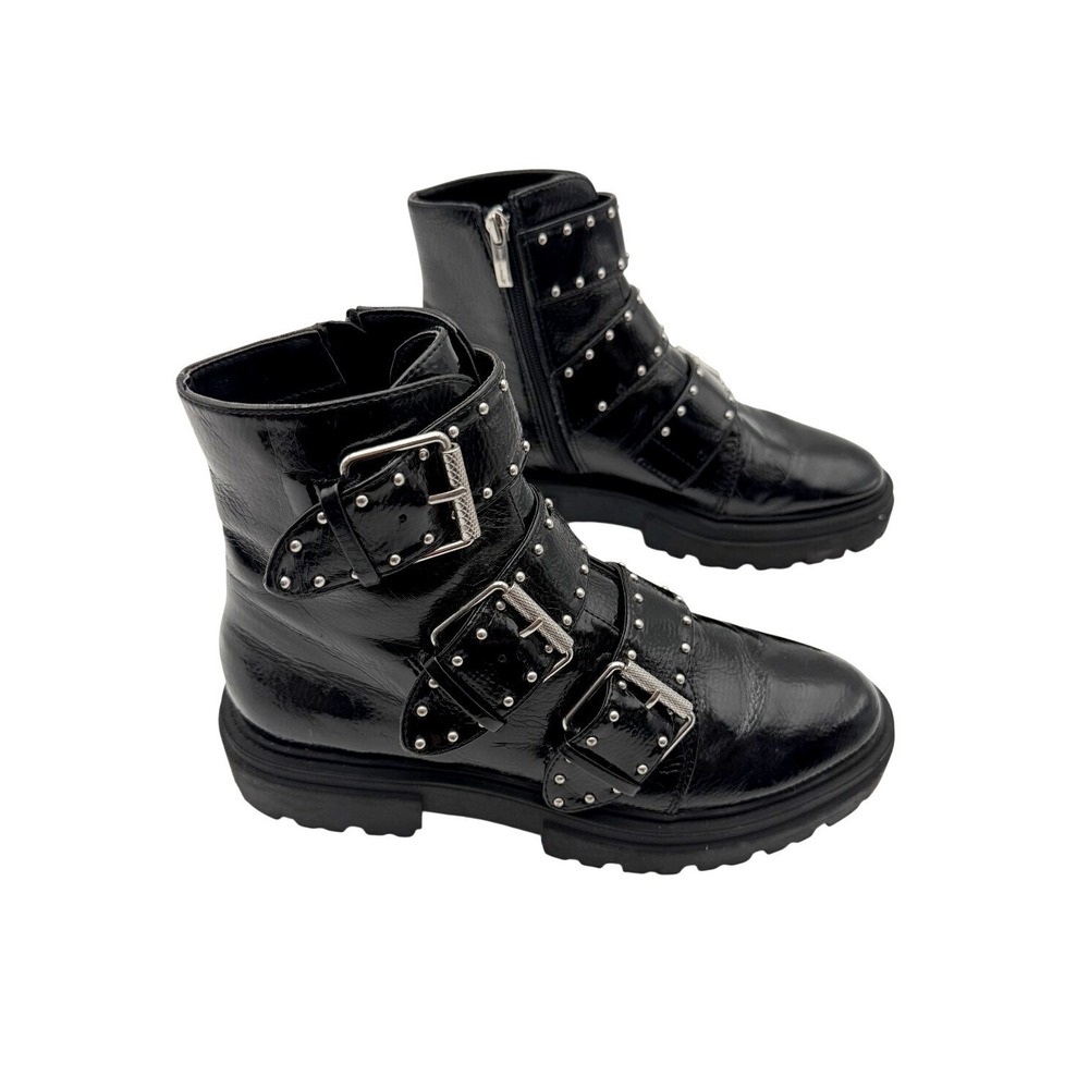 Steven New York Womens Black Studded Triple Buckle Alaine Moto Combat Boots 8.5M